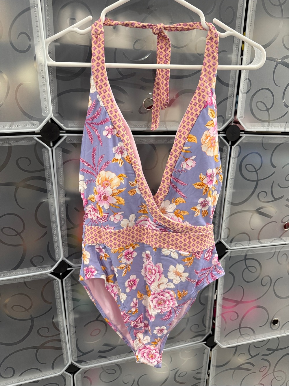Nanette Lepore Lavender Floral Halter One-Piece with Pink Trim